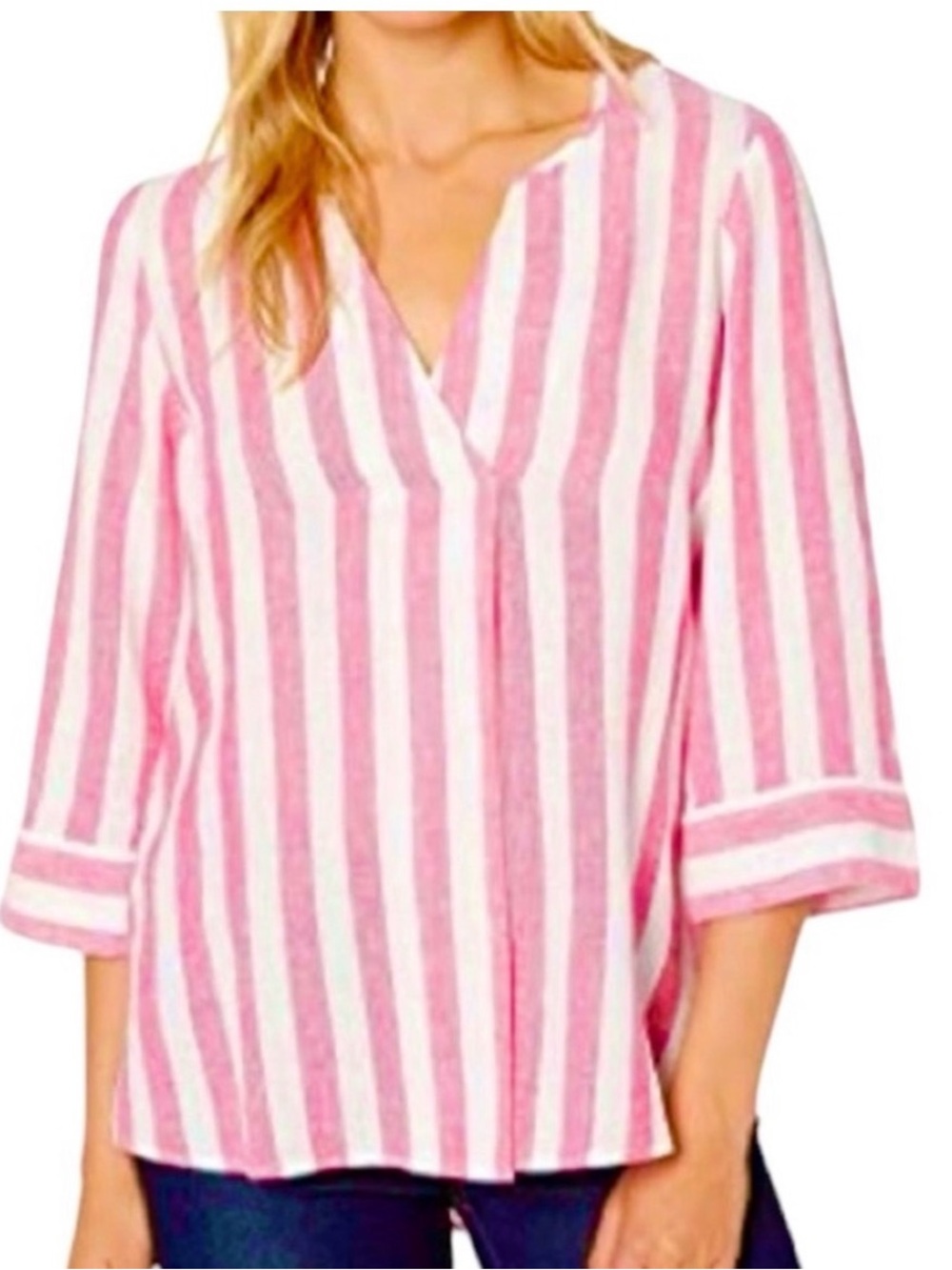 Tommy Bahama Pink & White Vertical Stripe V-Neck Tunic